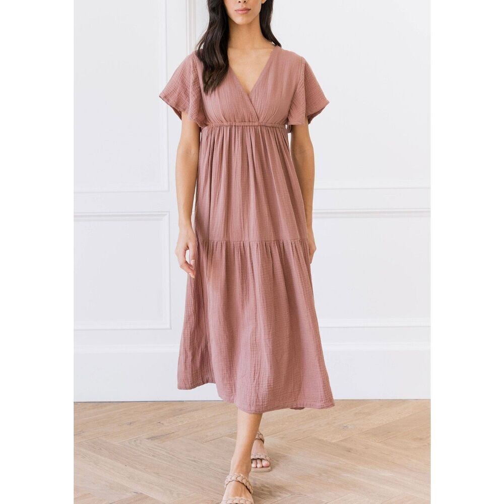Cozy Earth Tan Boardwalk Breeze Gauze Lightweight Flutter Sleeve Dress Women's S
